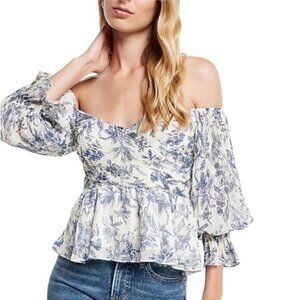 Express Blouse Size XL Smocked Floral Metallic 3/4 Sleeve Ruffle Romantic Blue